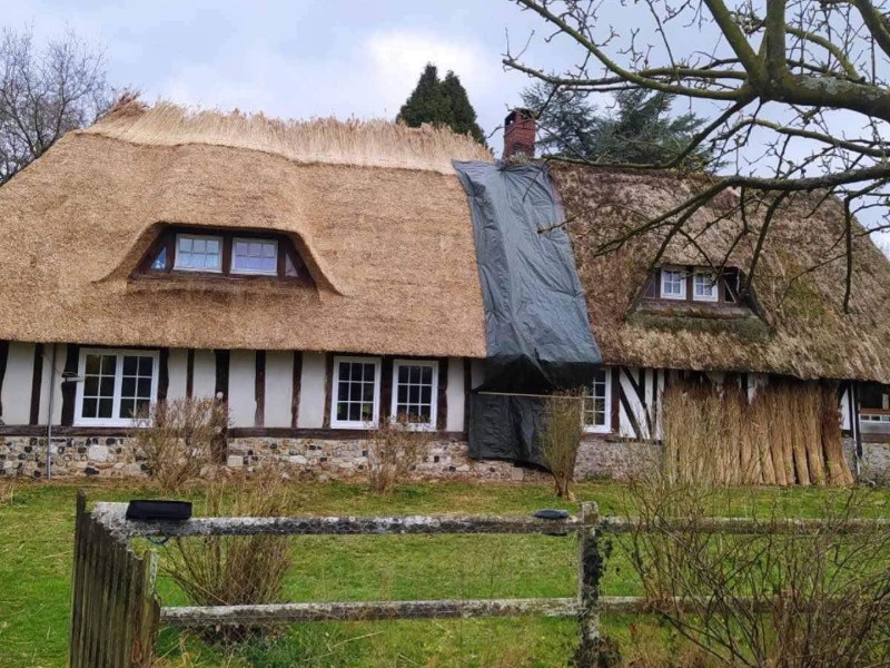 changement d'une toiture en chaume en cours sur une maison dans la campagne du pays de caux en Seine-Maritime - Art et Elégance Couverture