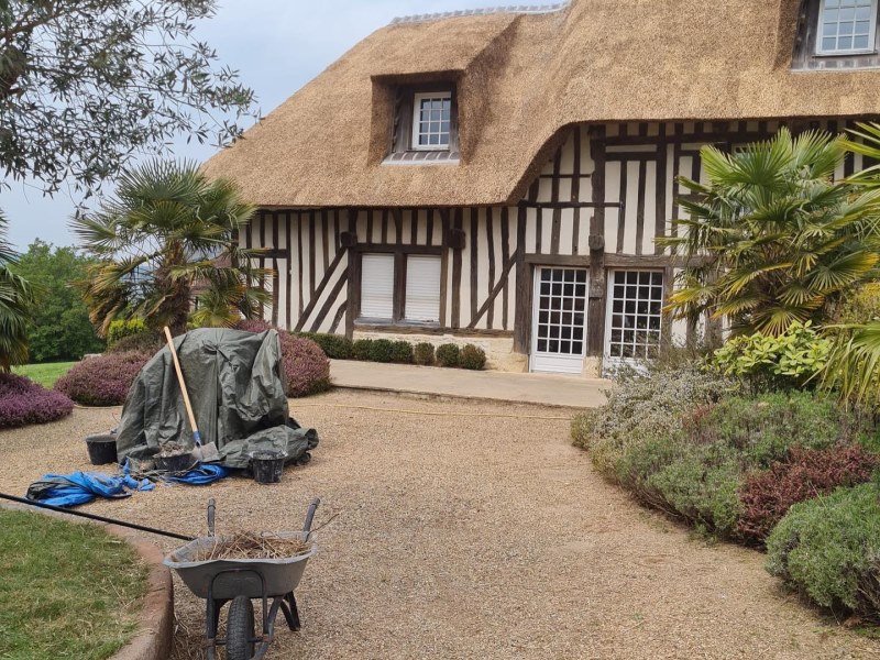 rénovation d'une toiture en chaume avec ses lucarne sur une maison a colombage en Bretagne