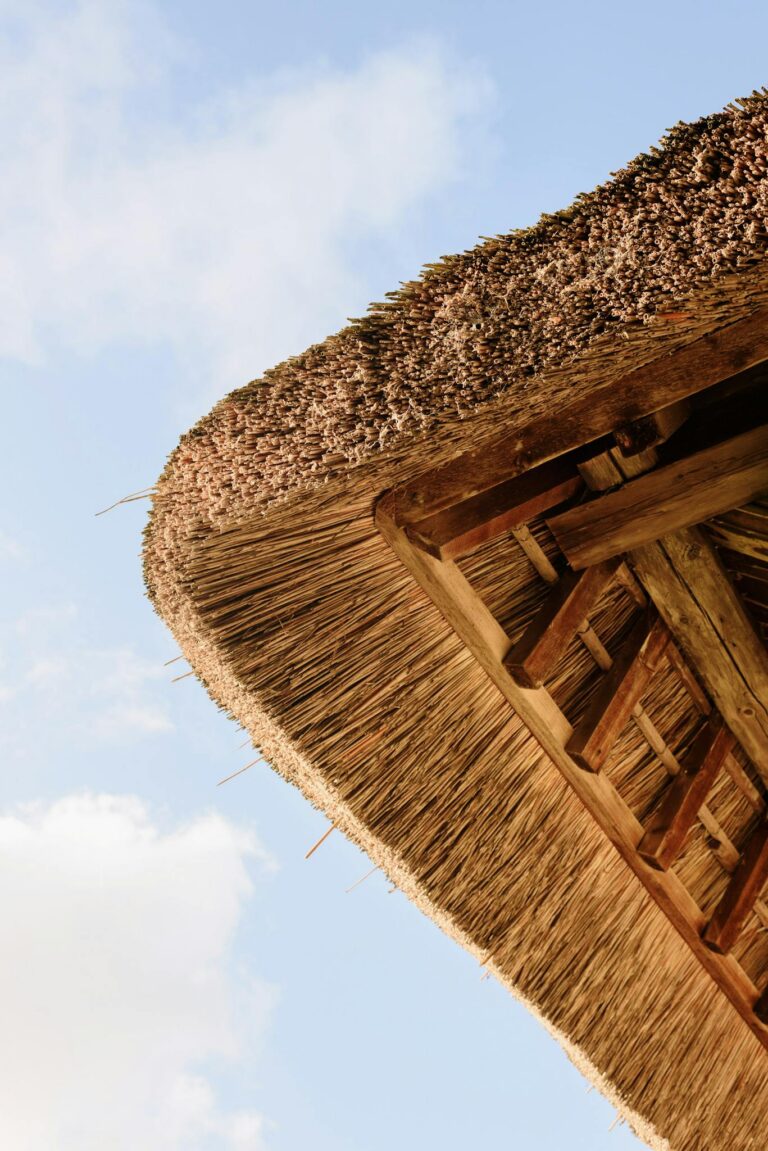 Close-up view of a traditional thatched roof corner against a blue sky, showcasing natural materials.